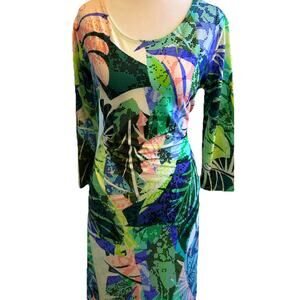 JEAN-PIERRE KLIFA Paris Dress M $166 Green Tropical Sexy Stretch Floral Casual